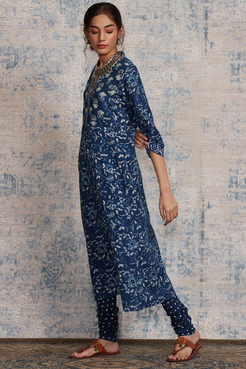 Indigo Block Printed A-Line Cotton Kurta
