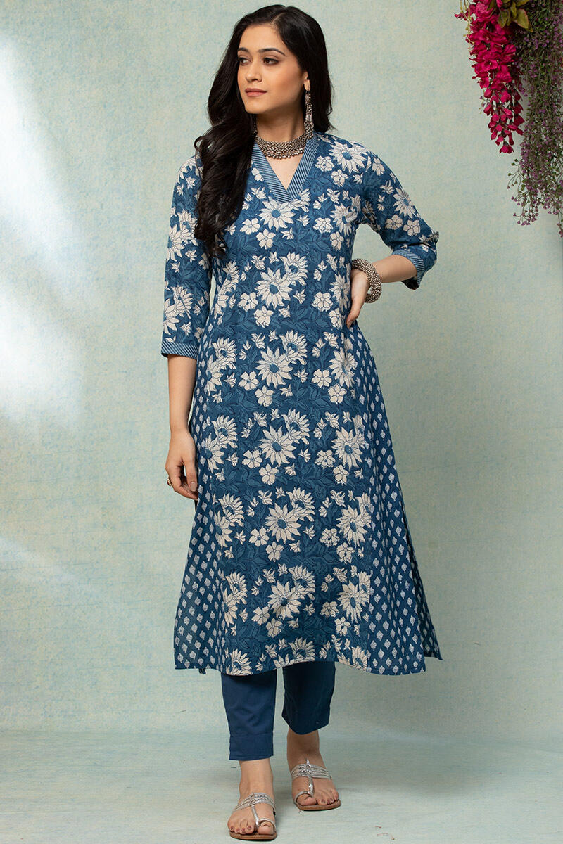 Indigo Block Printed A-line Cotton Kurta