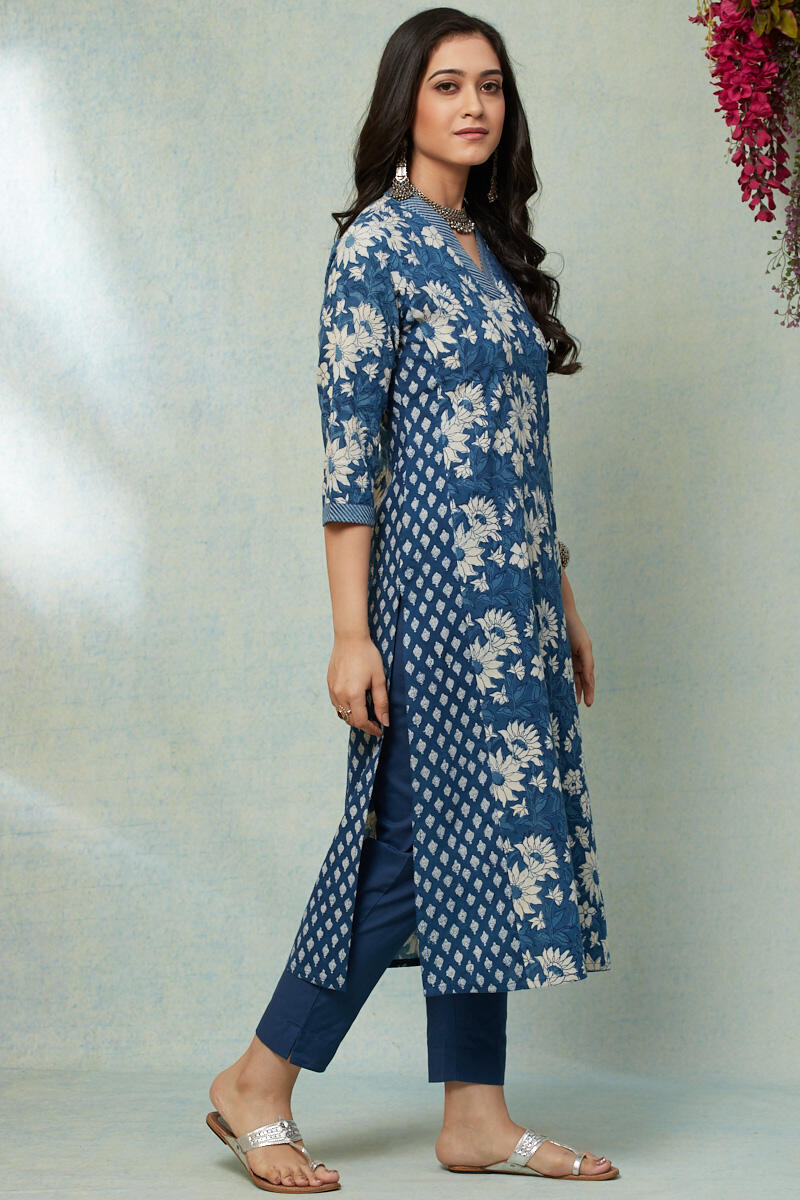 Indigo Block Printed A-line Cotton Kurta