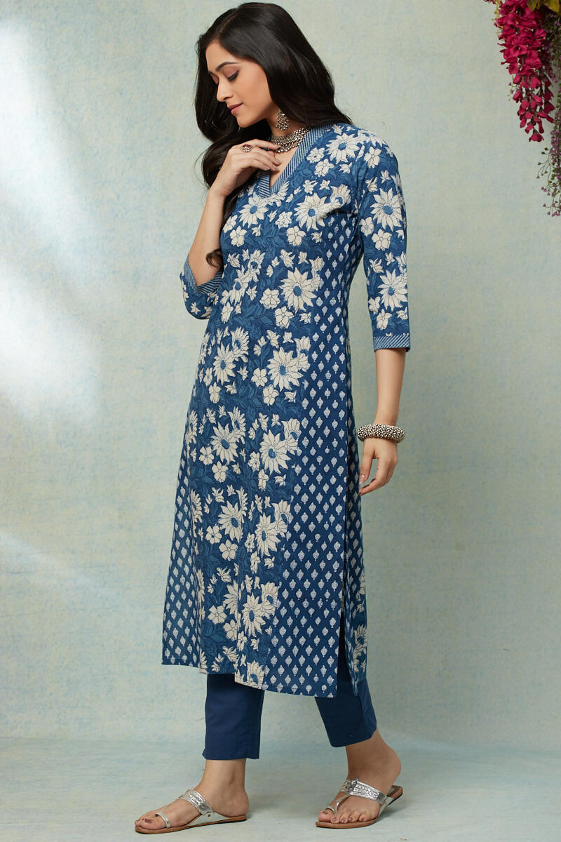 Indigo Block Printed A-line Cotton Kurta
