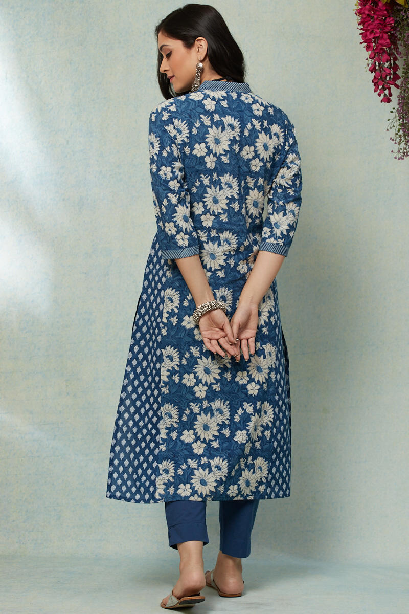 Indigo Block Printed A-line Cotton Kurta