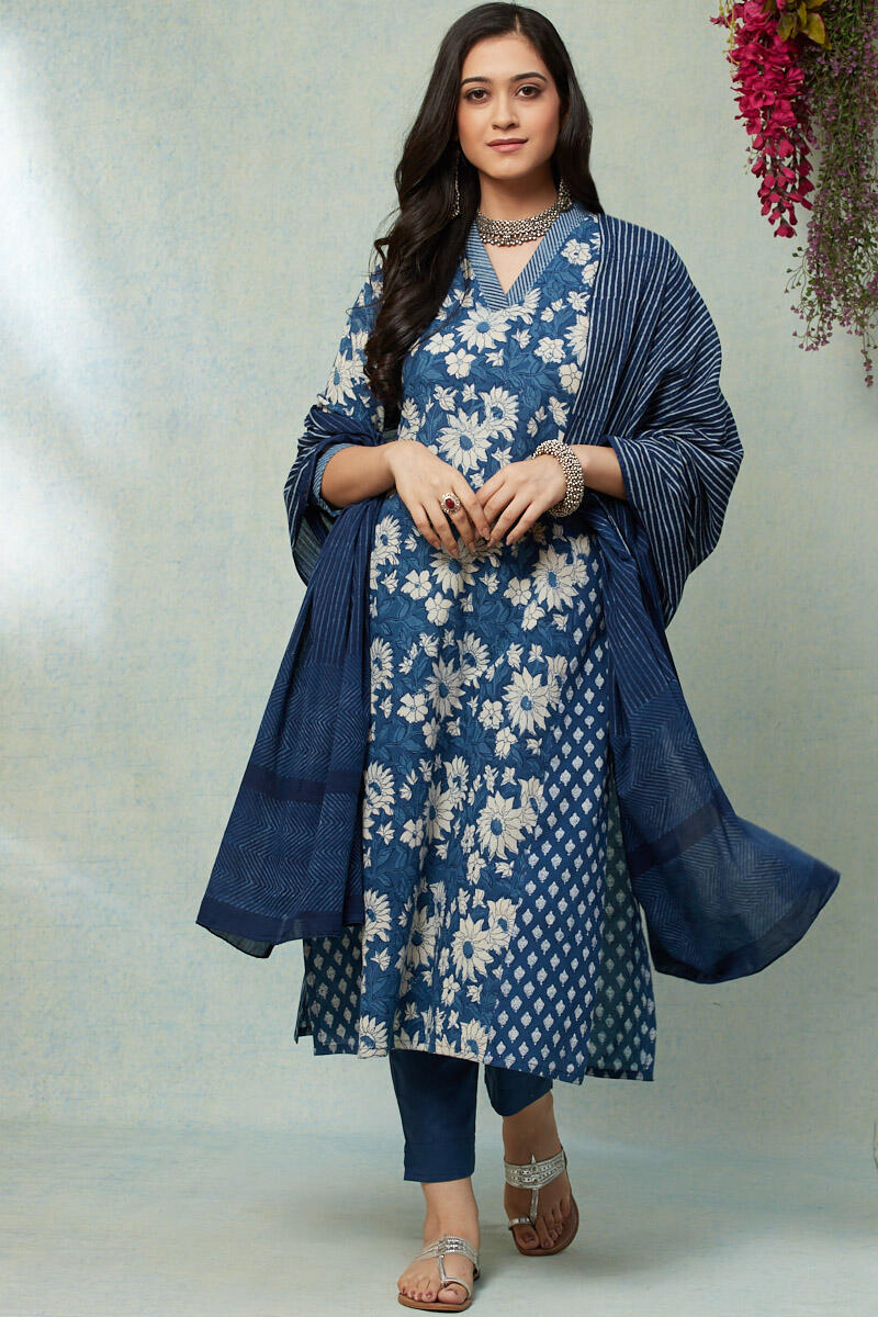 Indigo Block Printed A-line Cotton Kurta