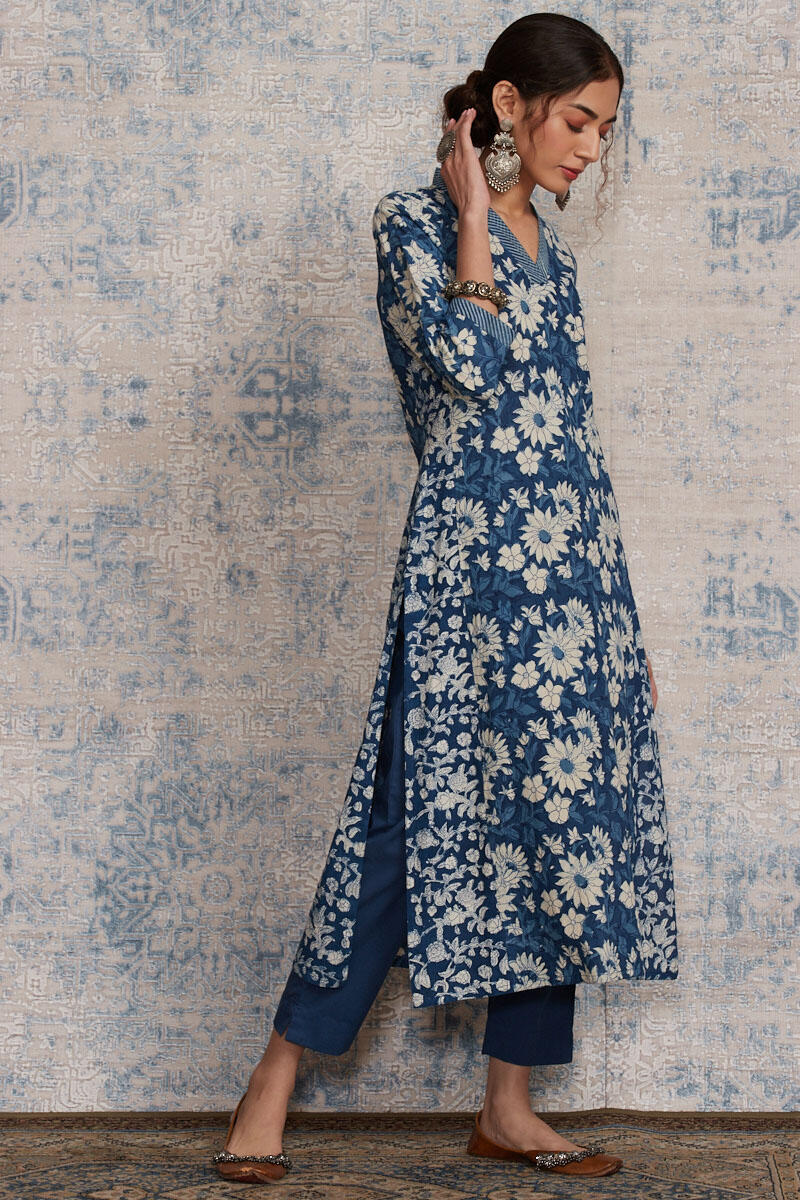 Indigo Block Printed A-line Cotton Kurta