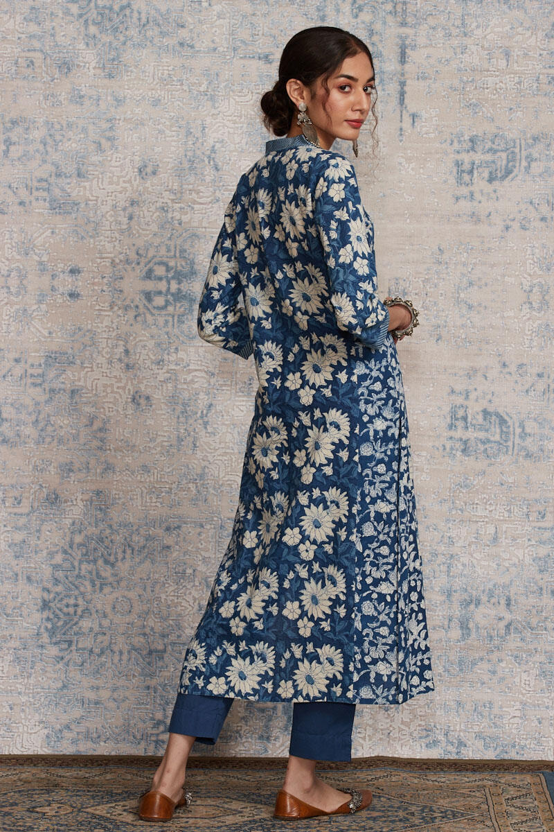 Indigo Block Printed A-line Cotton Kurta
