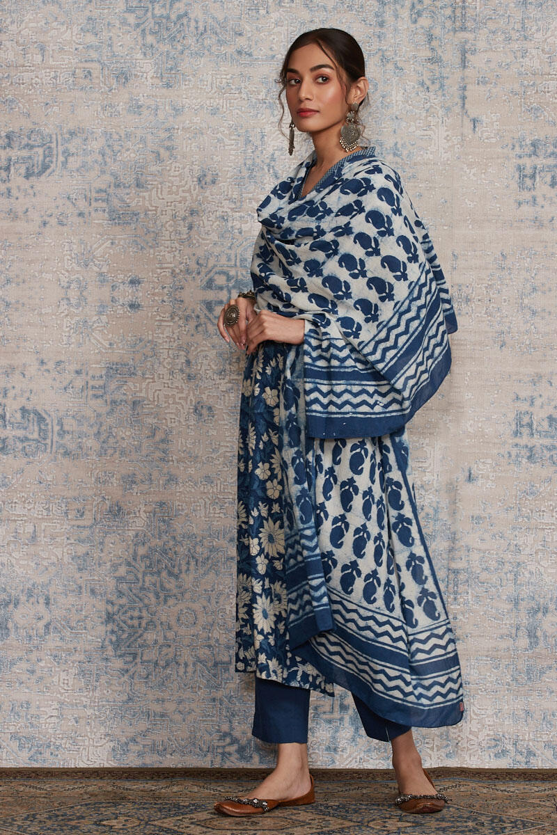 Indigo Block Printed A-line Cotton Kurta