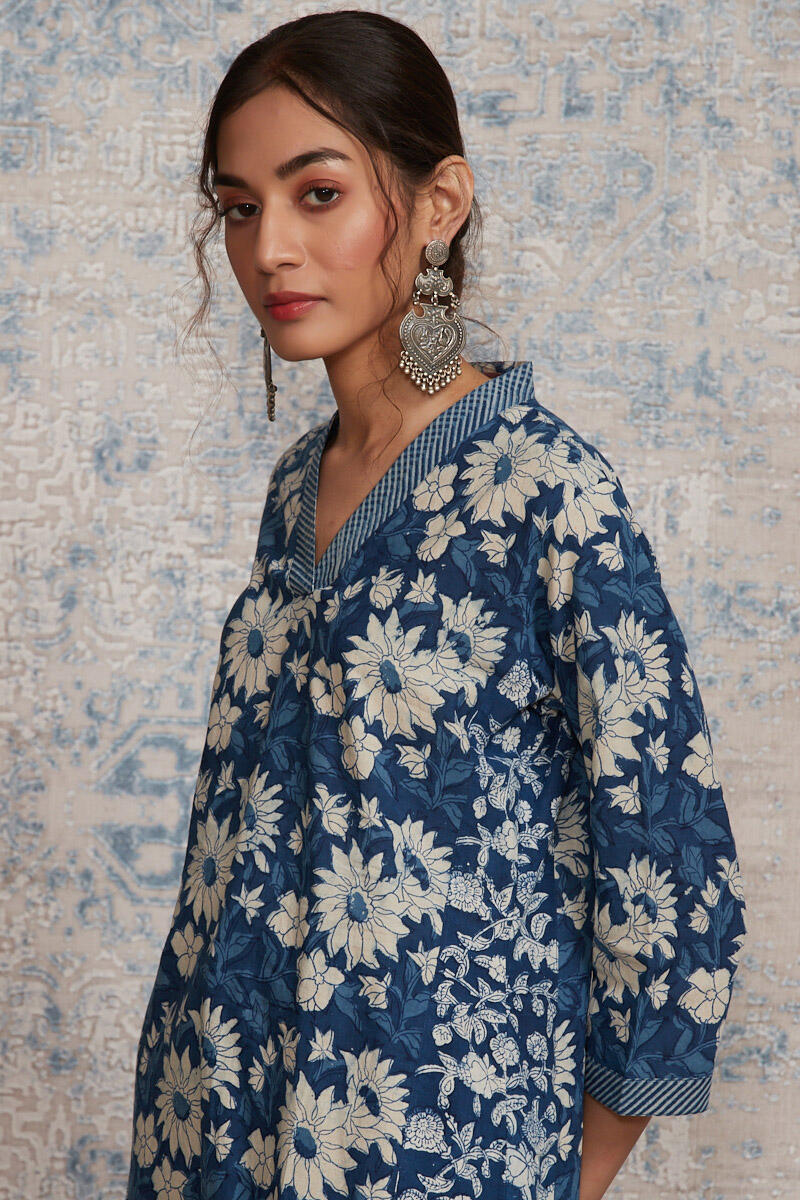 Indigo Block Printed A-line Cotton Kurta