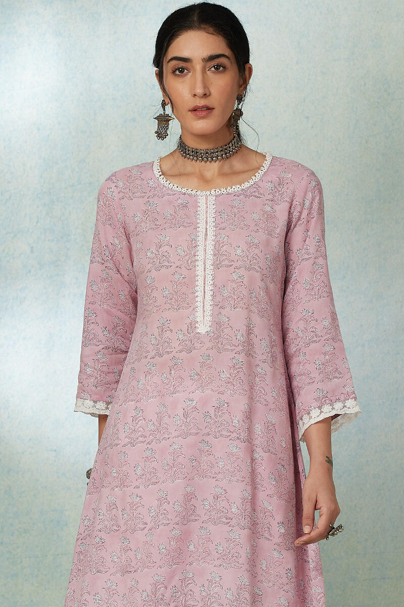 Purple Block Printed Cotton Short Kurta