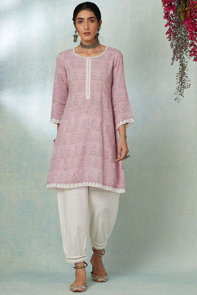 Purple Block Printed Cotton Short Kurta