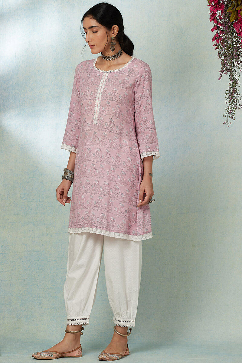 Purple Block Printed Cotton Short Kurta