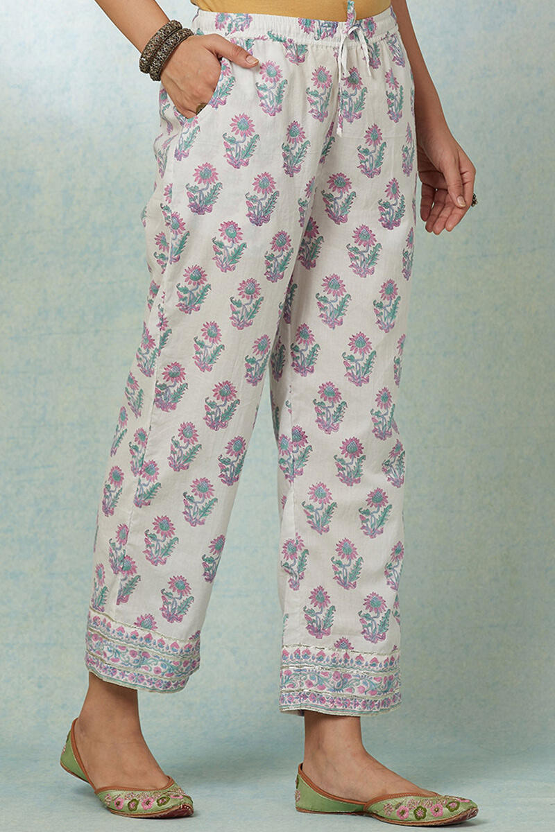 White Block Printed Cotton Straight Farsi