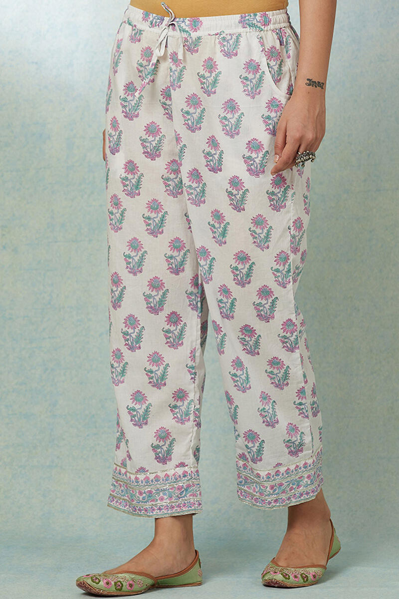 White Block Printed Cotton Straight Farsi