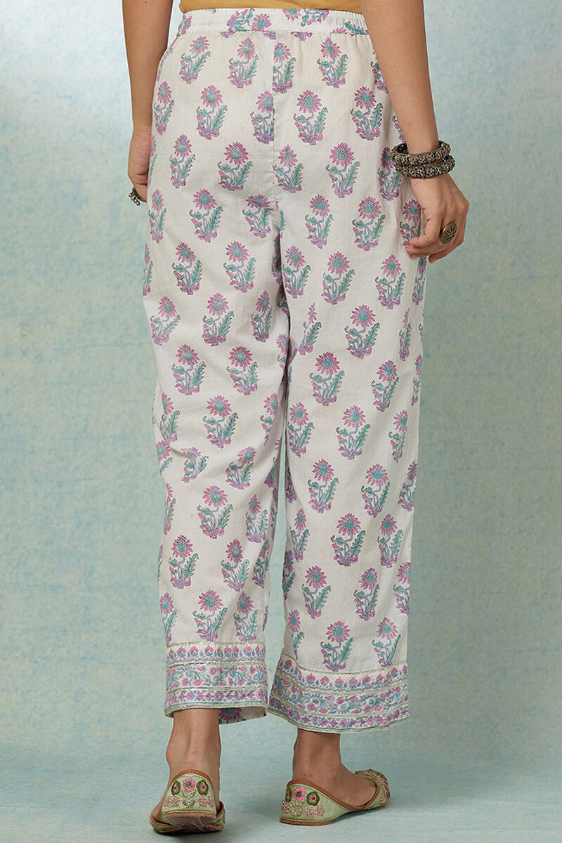 White Block Printed Cotton Straight Farsi