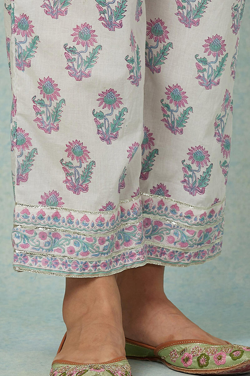 White Block Printed Cotton Straight Farsi