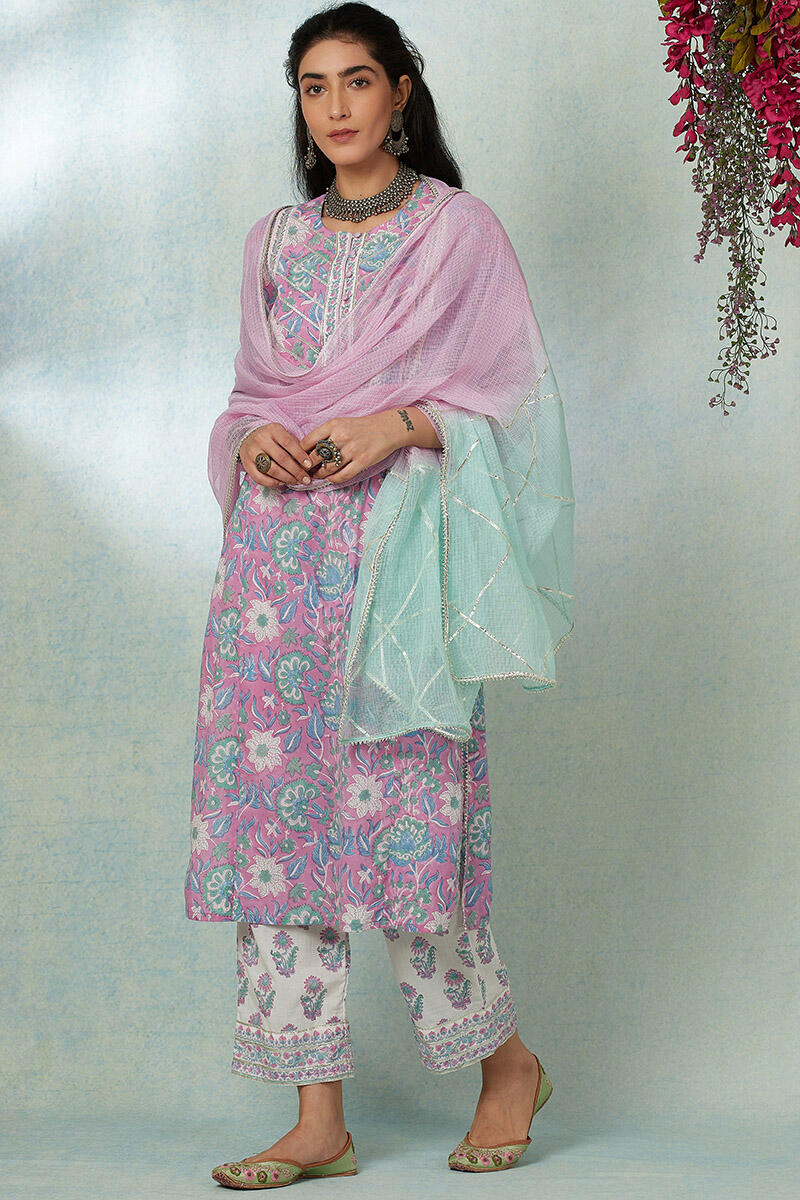 White Block Printed Cotton Straight Farsi