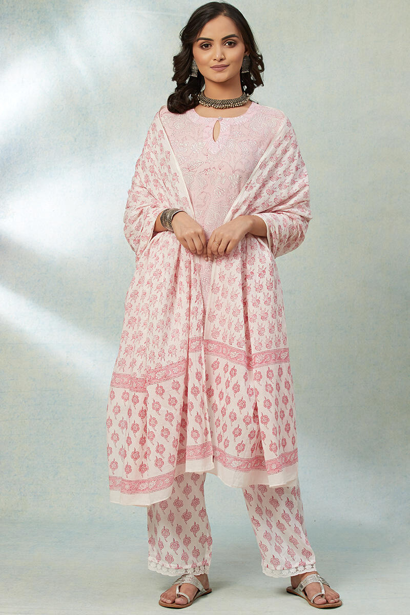 Pink Block Printed Cotton Dupatta