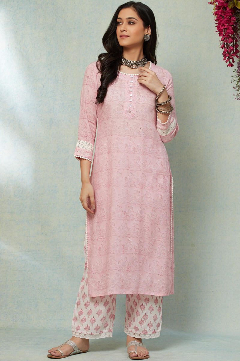 Pink Block Printed Straight Cotton Kurta