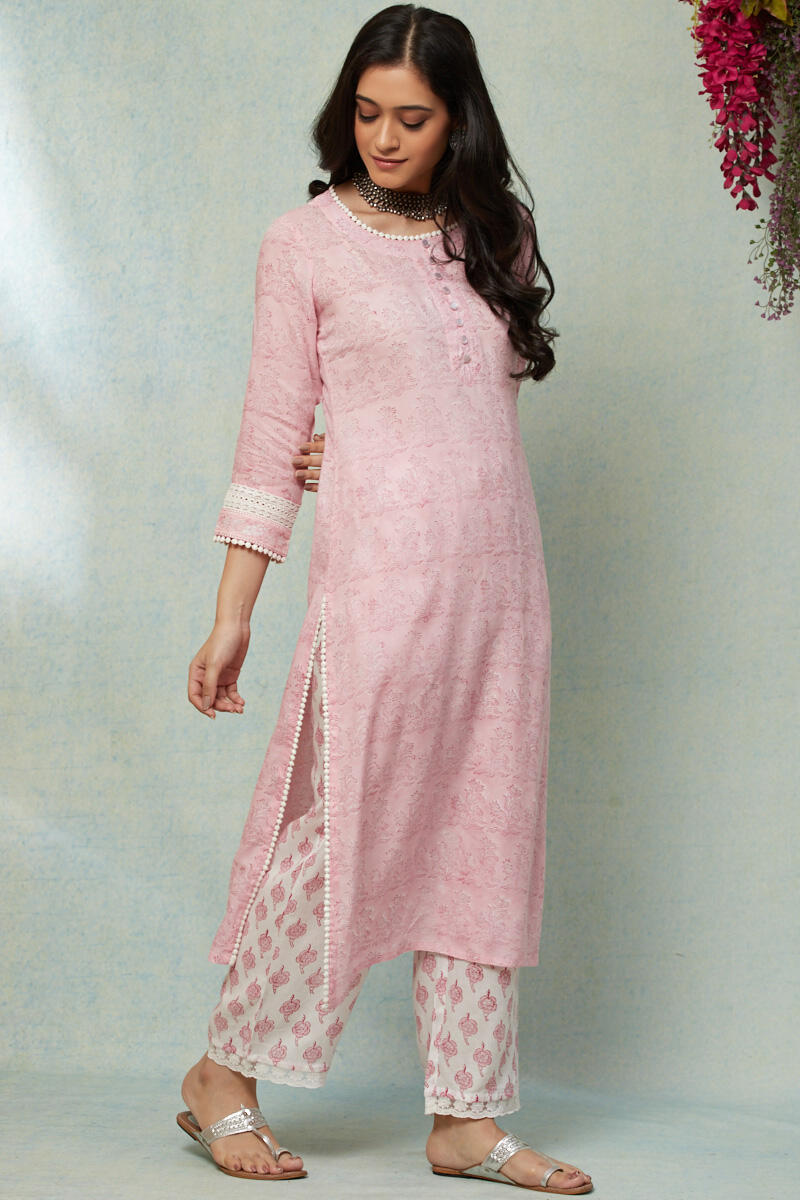 Pink Block Printed Straight Cotton Kurta
