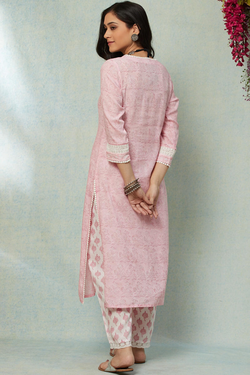 Pink Block Printed Straight Cotton Kurta