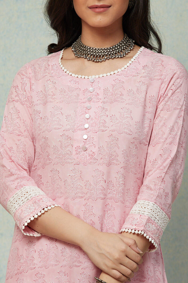 Pink Block Printed Straight Cotton Kurta