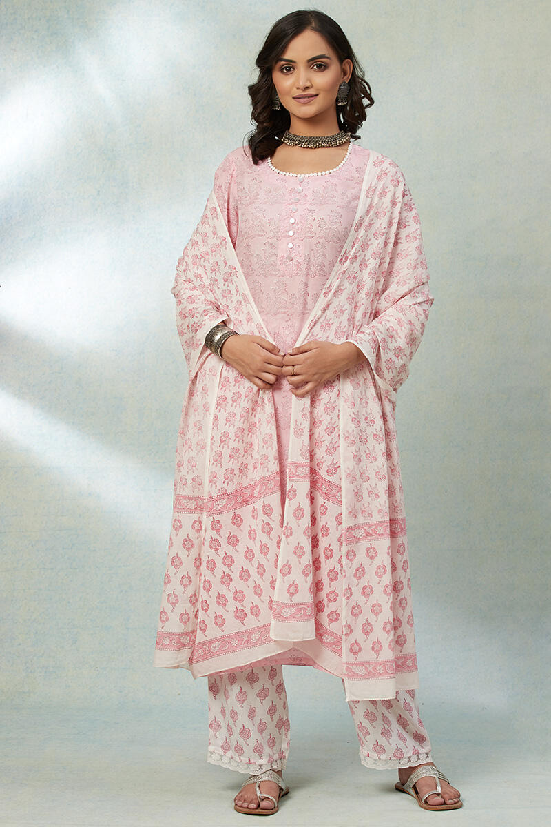 Pink Block Printed Straight Cotton Kurta