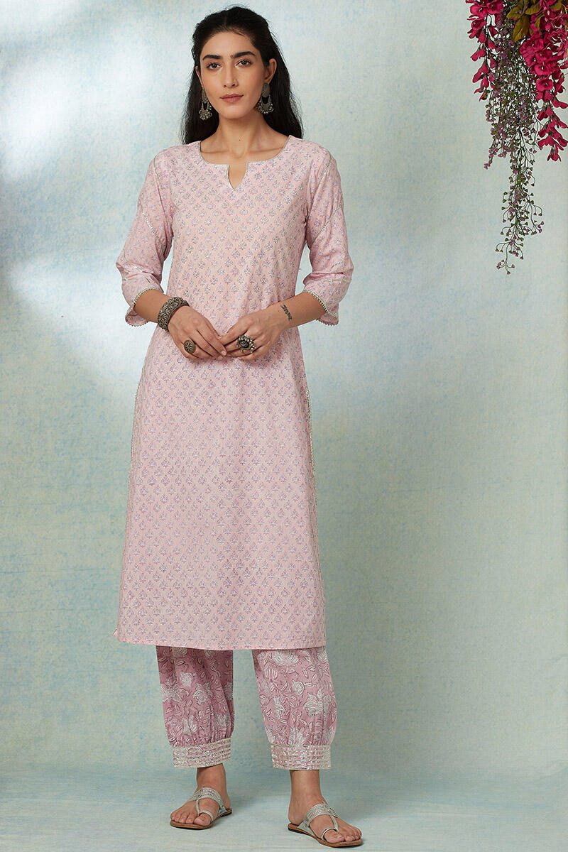 Pink Block Printed Straight Cotton Kurta