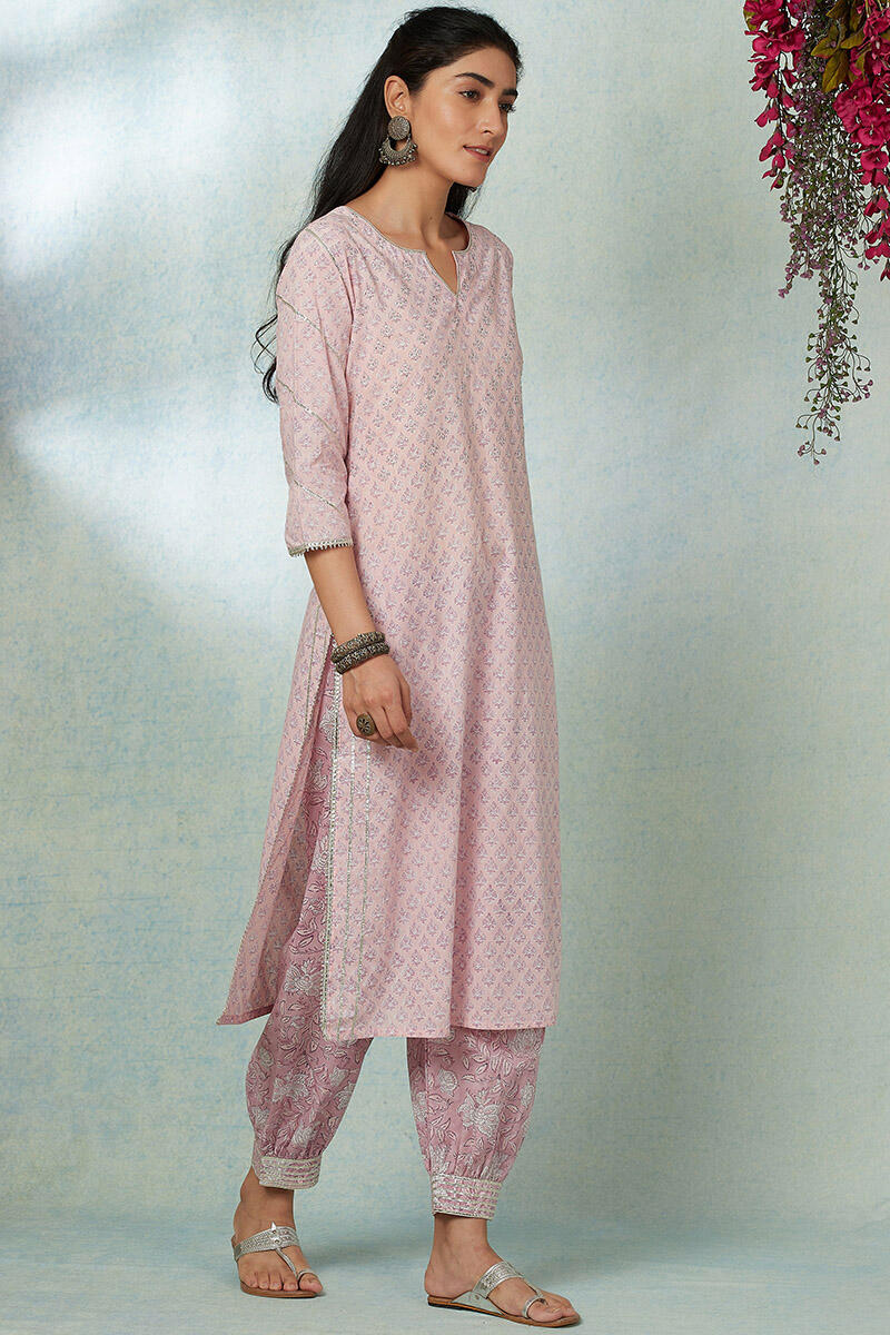 Pink Block Printed Straight Cotton Kurta
