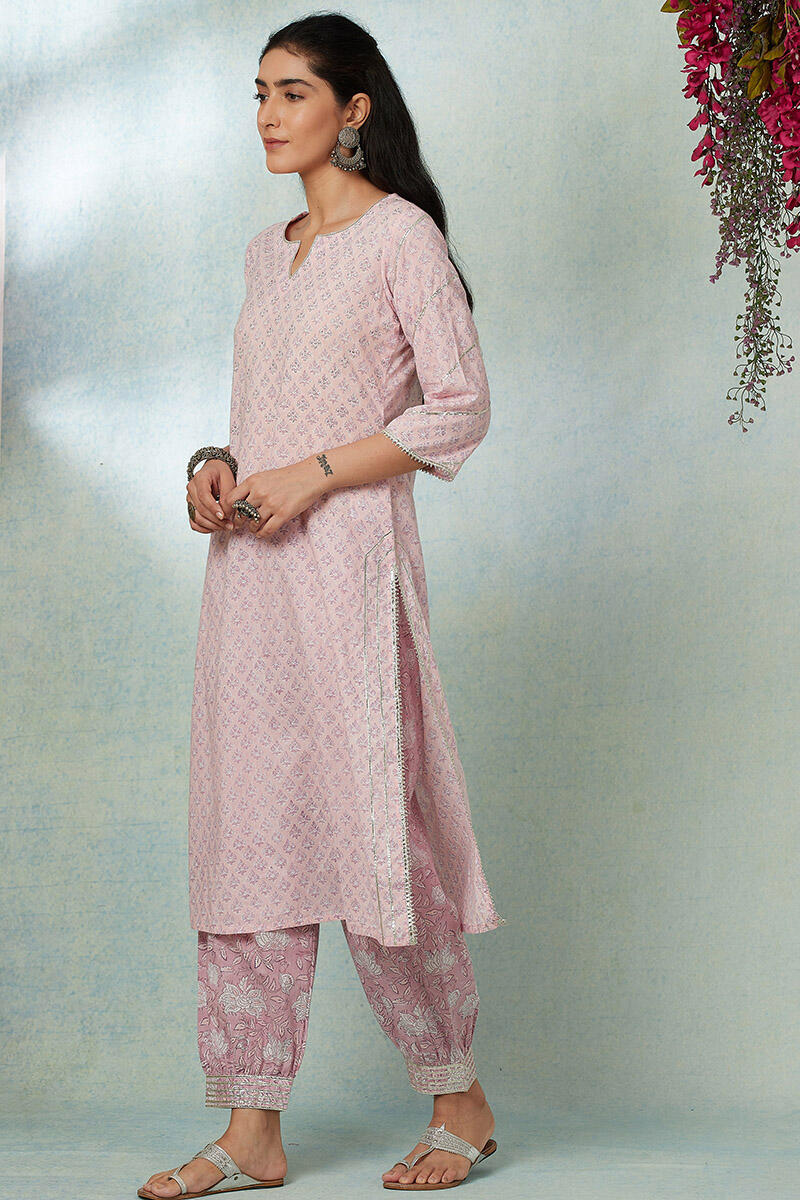 Pink Block Printed Straight Cotton Kurta