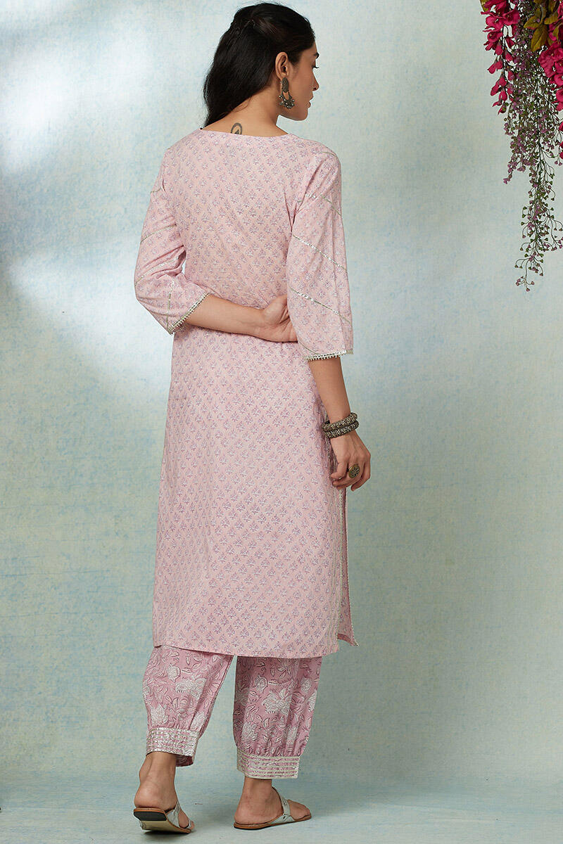 Pink Block Printed Straight Cotton Kurta