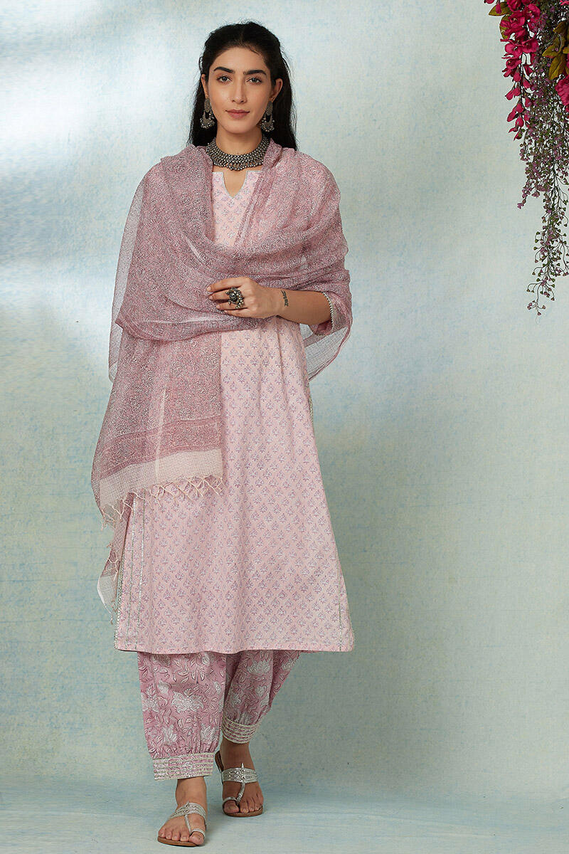 Pink Block Printed Straight Cotton Kurta