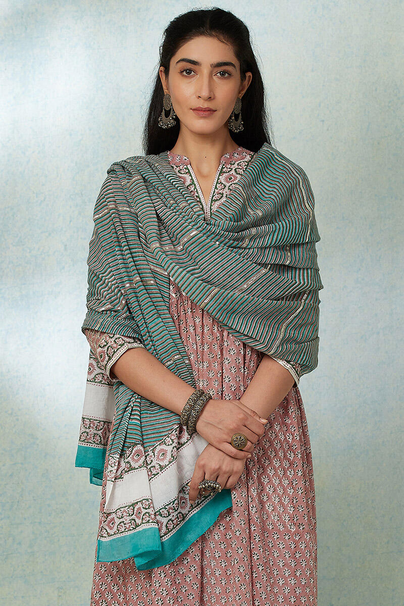 Green Block Printed Cotton Dupatta