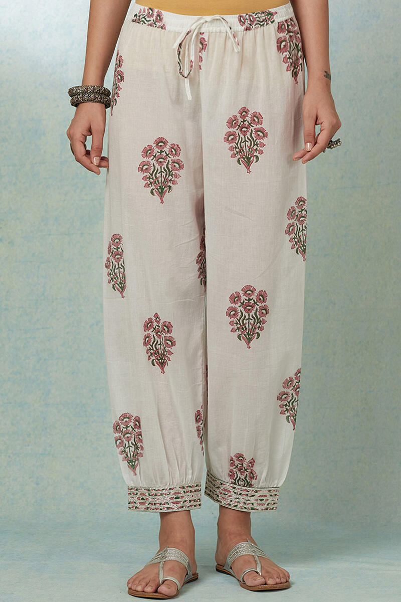 White Block Printed Cotton Izhaar Pants