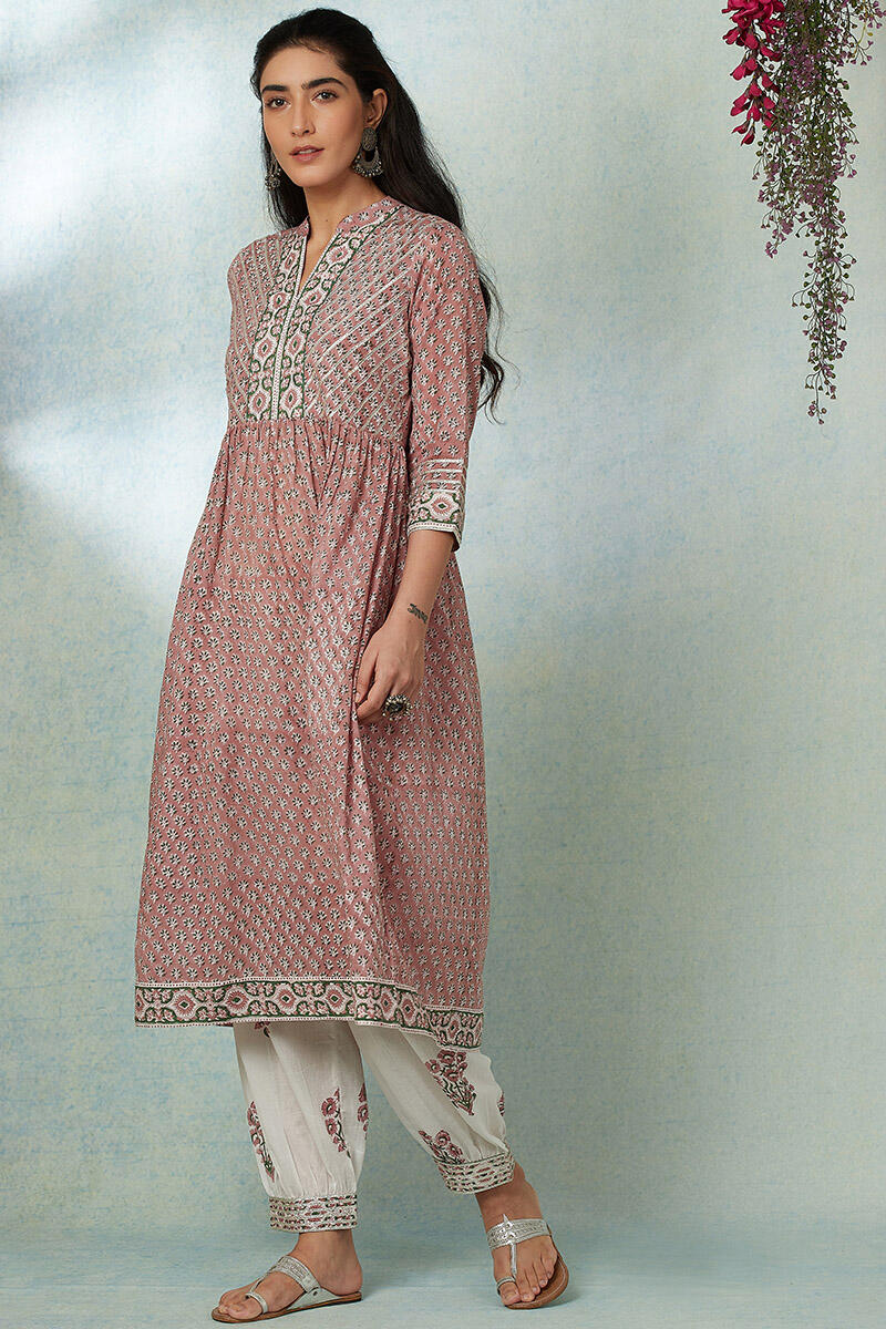 Brown Block Printed A-line Cotton Kurta