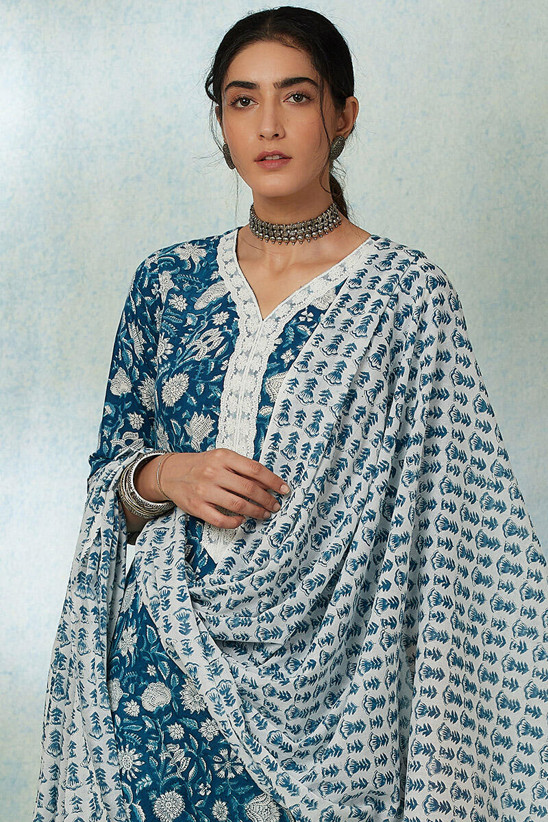 Blue Block Printed Cotton Dupatta