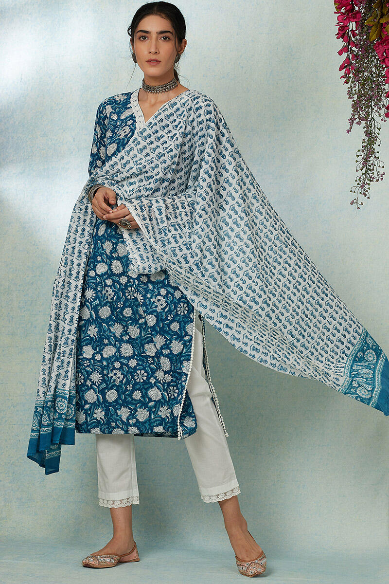 Blue Block Printed Cotton Dupatta