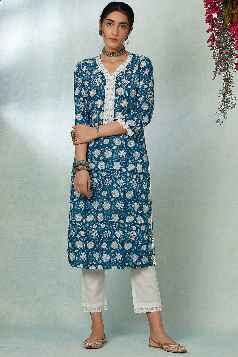 Blue Block Printed Straight Cotton Kurta