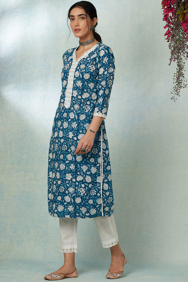 Blue Block Printed Straight Cotton Kurta