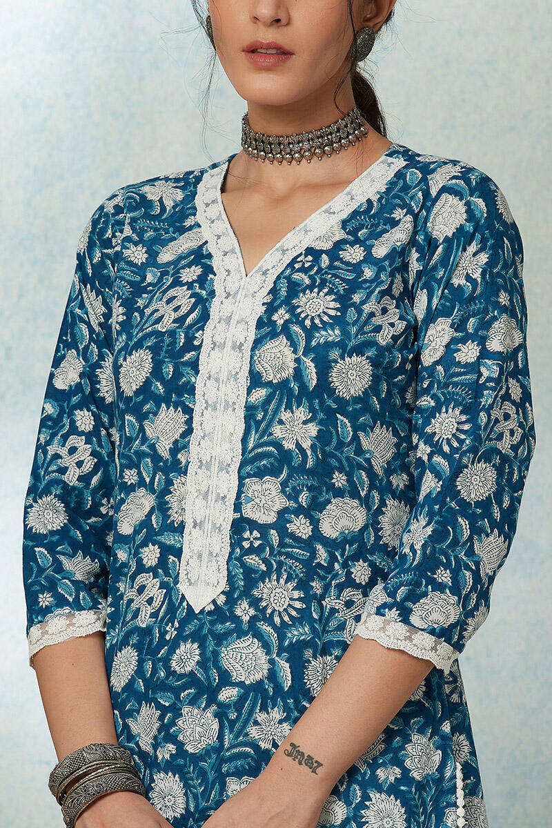 Blue Block Printed Straight Cotton Kurta
