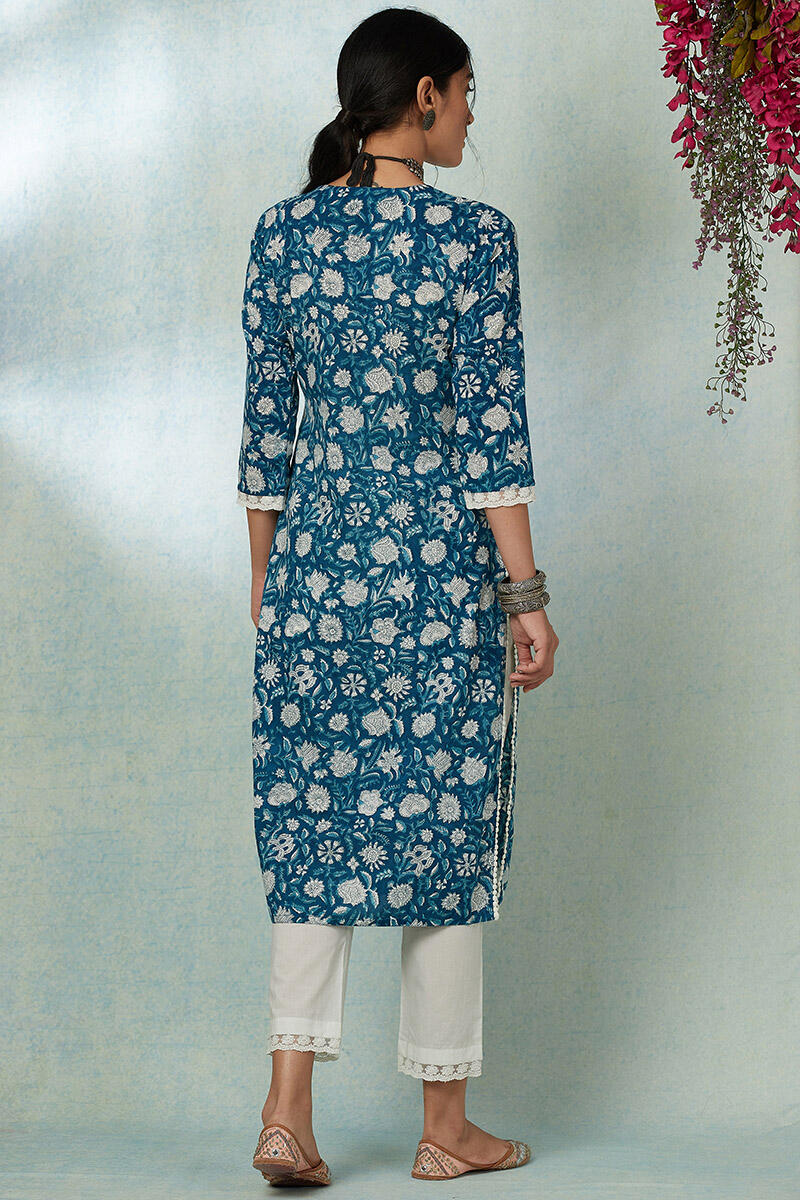 Blue Block Printed Straight Cotton Kurta