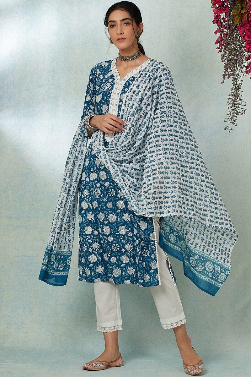 Blue Block Printed Straight Cotton Kurta