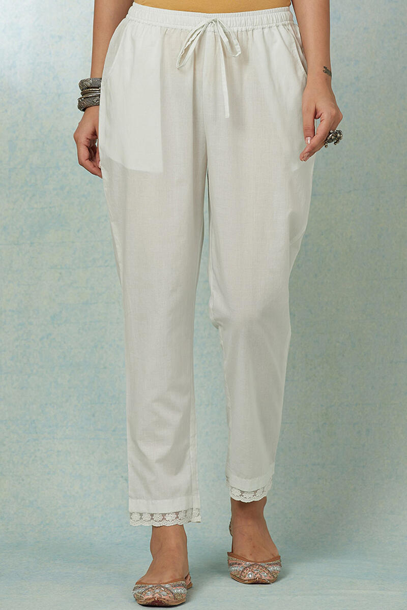 White Handcrafted Cotton Narrow Pants