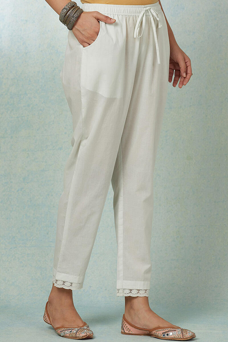 White Handcrafted Cotton Narrow Pants