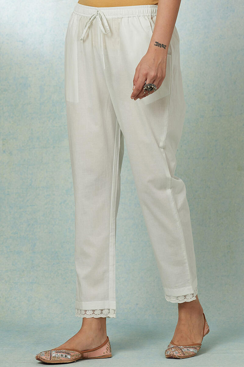 White Handcrafted Cotton Narrow Pants