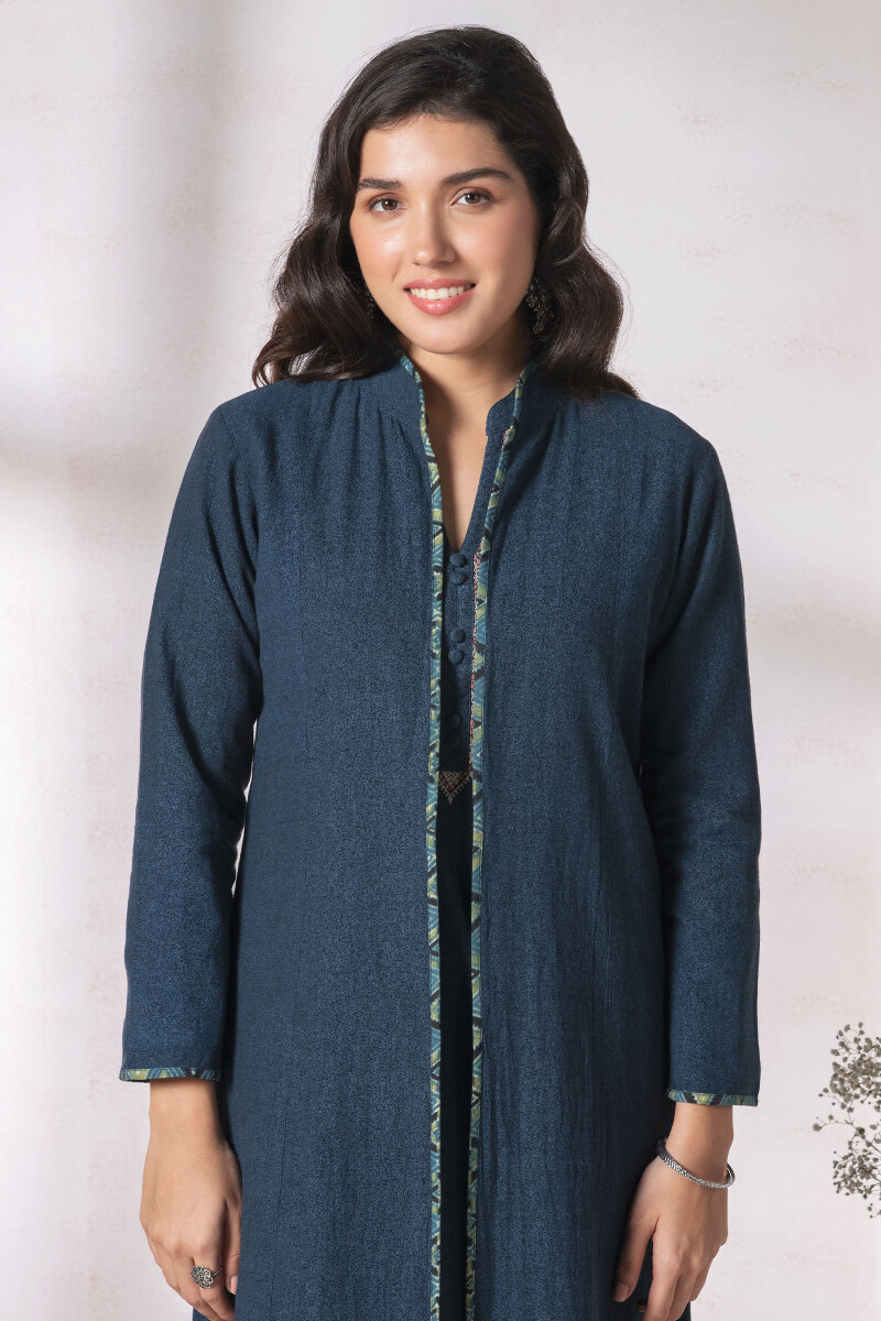 Indigo Block Printed Handloom Reversible Jacket