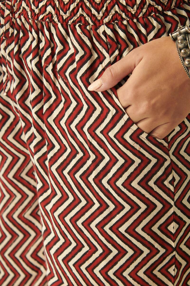 Maroon Hand Block Printed Shantung Farsi Pants