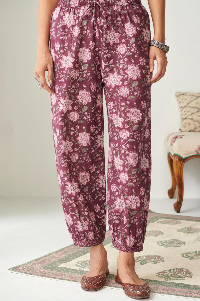 Purple Hand Block Printed Cotton Izhaar Pants