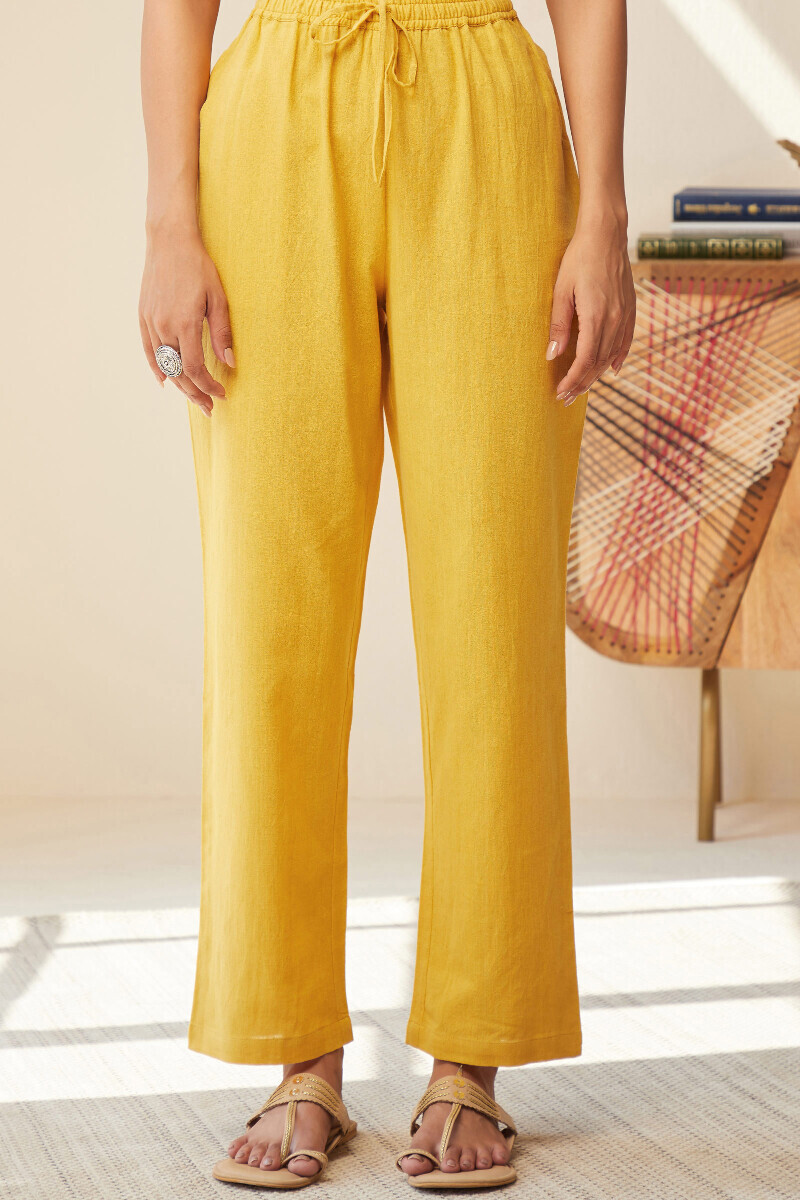 Yellow Handcrafted Cotton Flax Pants