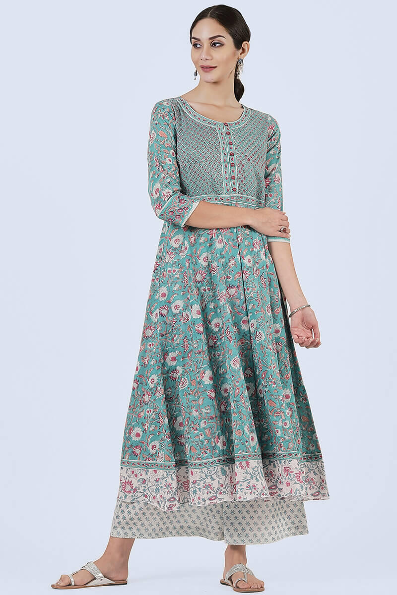 Green Block Printed Cotton Palazzo