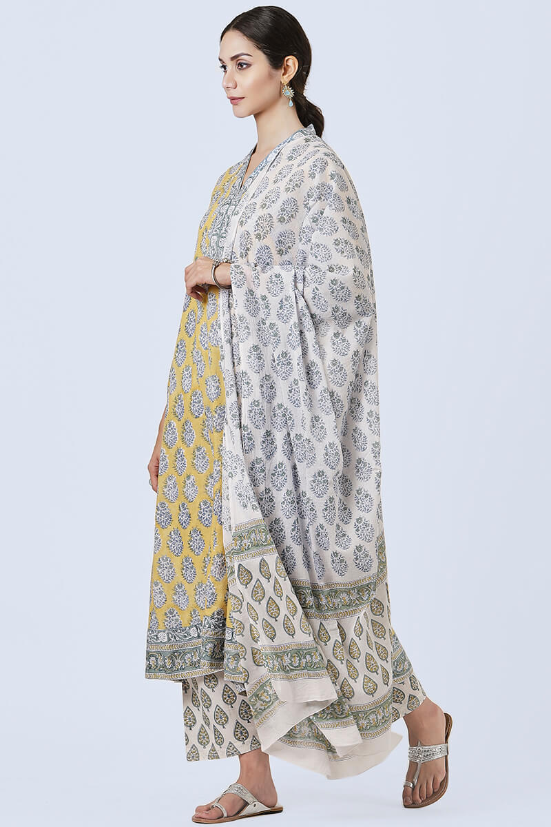 Green Block Printed Cotton Dupatta