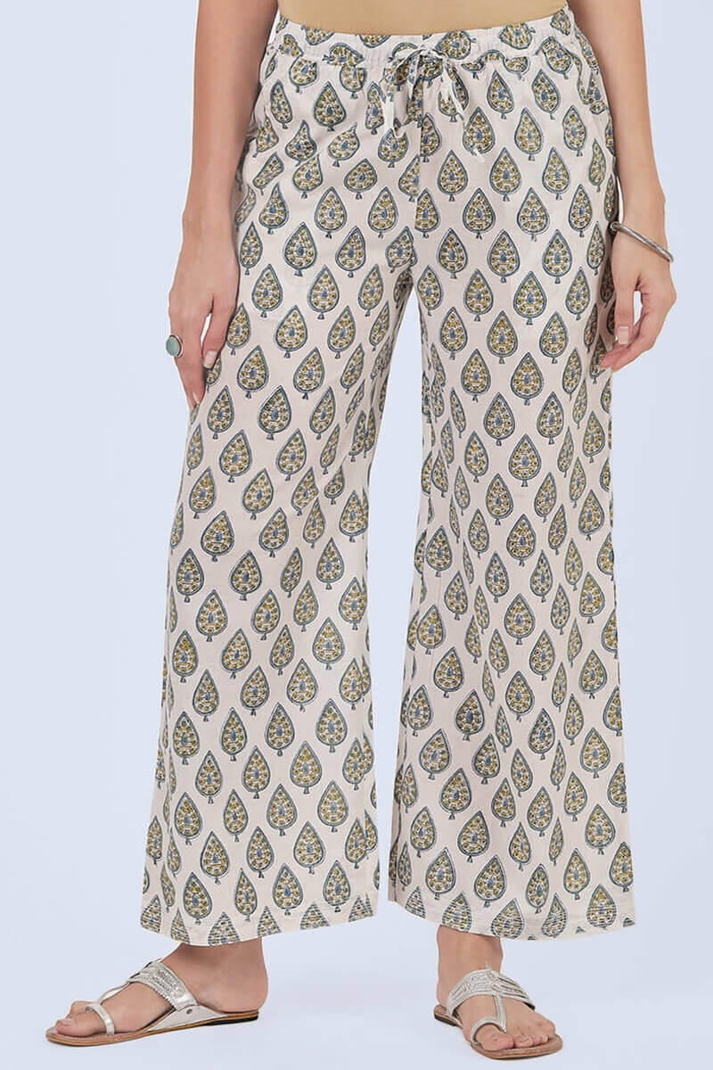 Yellow Block Printed Cotton Farsi Pants