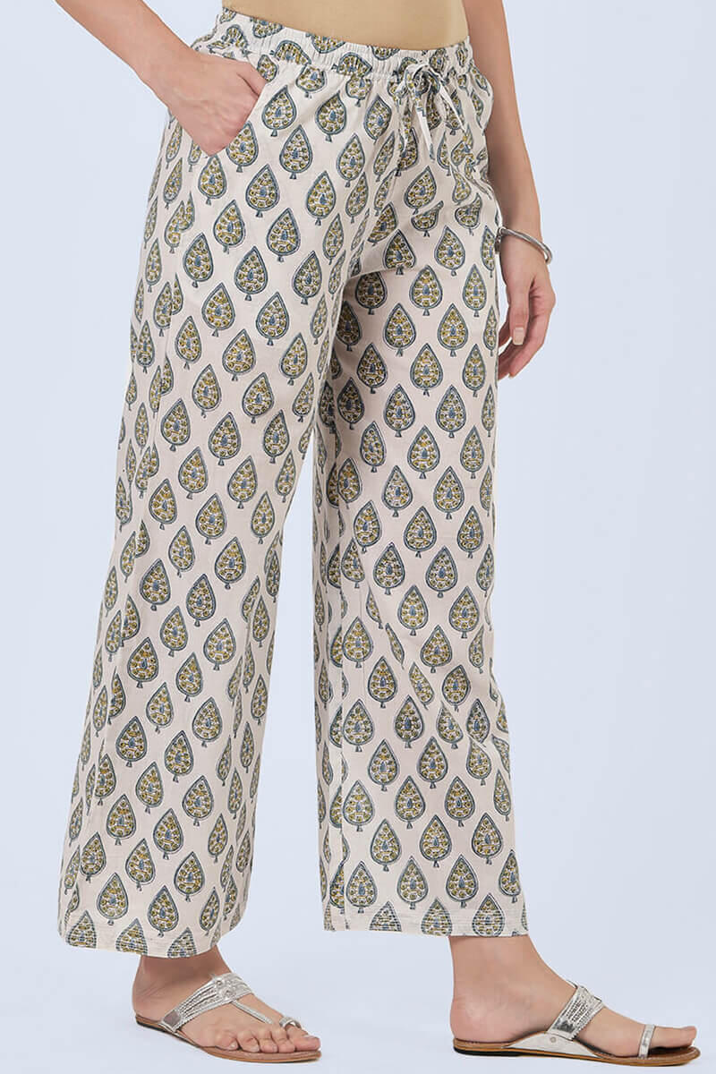 Yellow Block Printed Cotton Farsi Pants